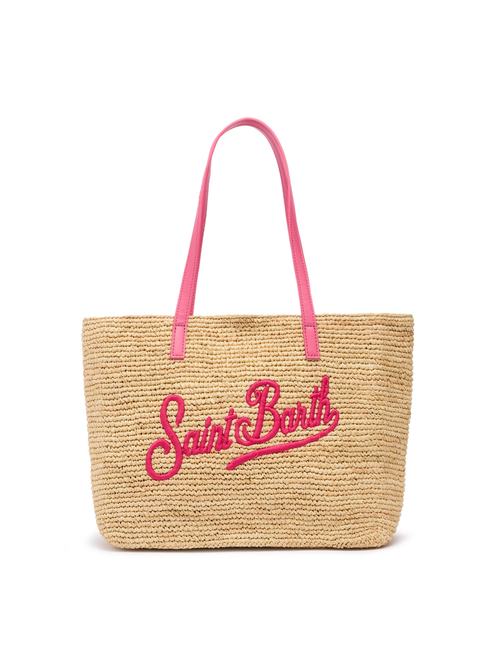 Rafia City Mid Bag beige con logo Saint Barth ricamato