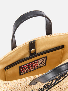 Borsa City mini in raffia con logo nero ricamato a contrasto