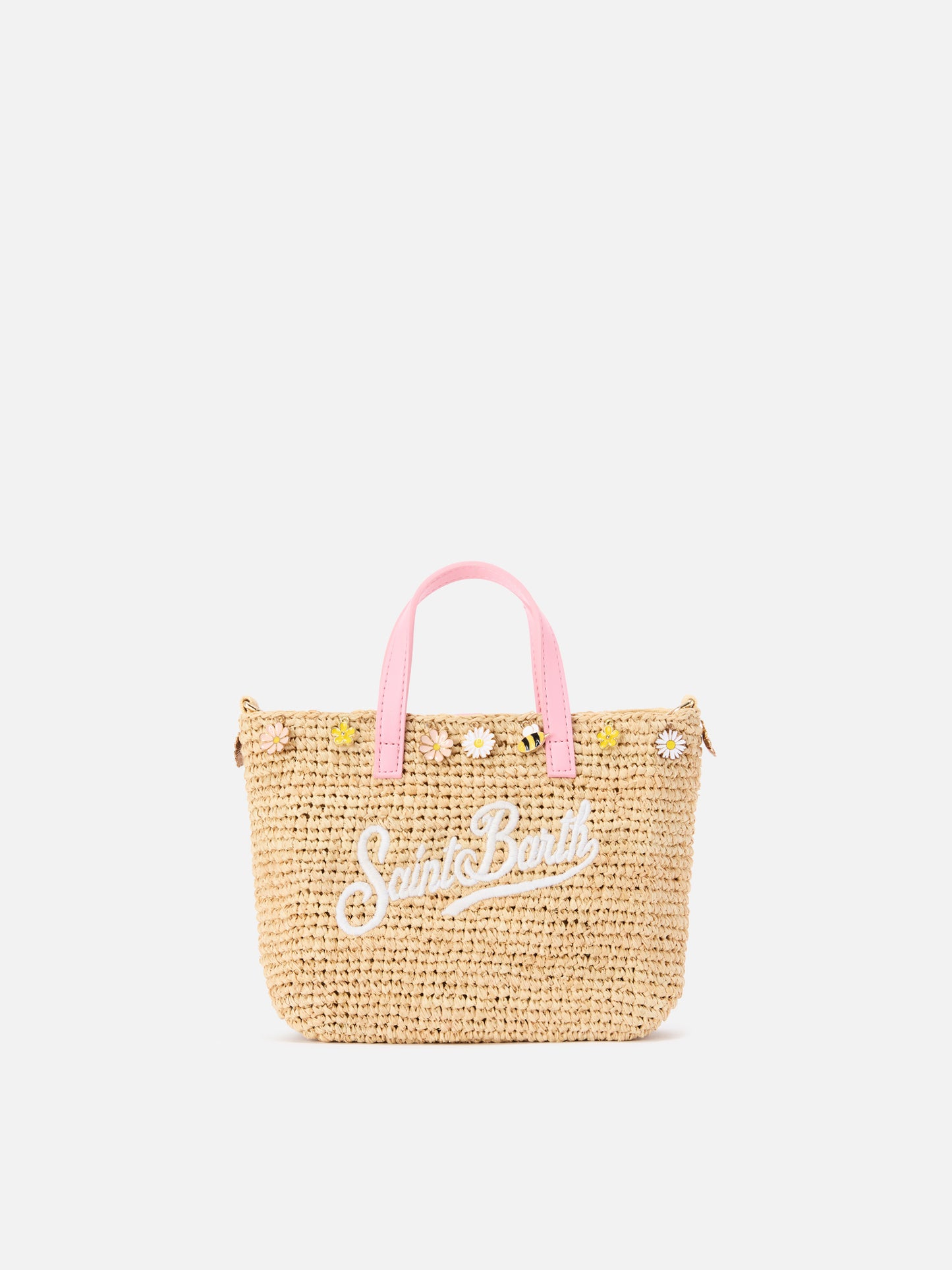 City mini raffia bag with applied charms and embroidered logo