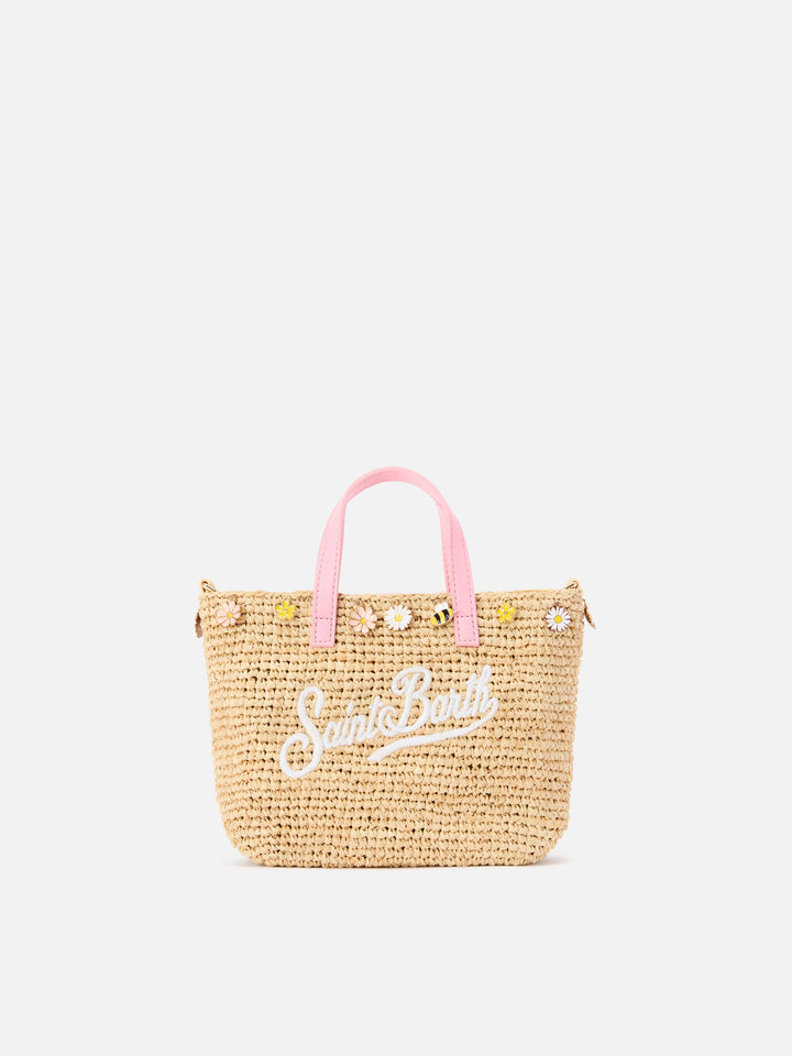 City mini raffia bag with applied charms and embroidered logo
