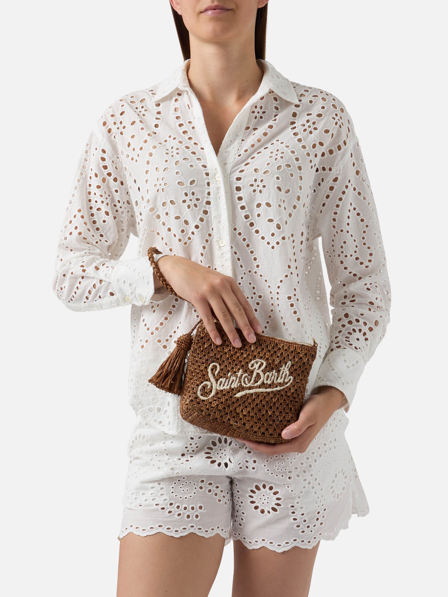 Brown Raffia pouch with embroidered logo