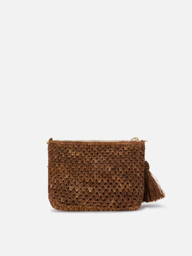 Brown Raffia pouch with embroidered logo