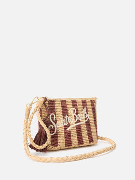 Pouch in rafia intrecciata a righe con logo ricamato