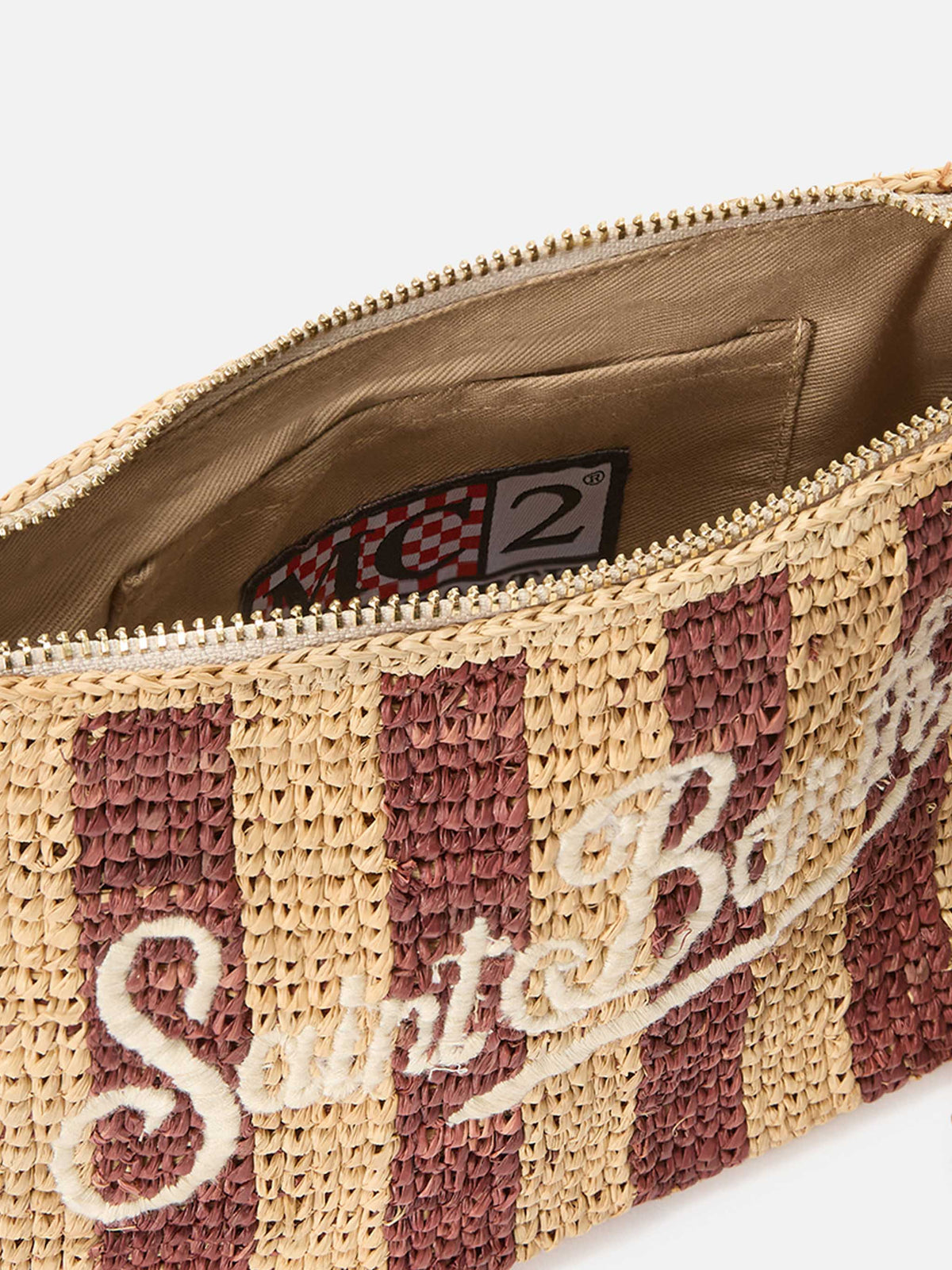 Pouch in rafia intrecciata a righe con logo ricamato