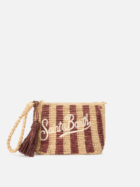 Pouch in rafia intrecciata a righe con logo ricamato