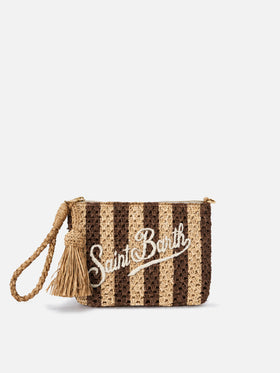 Striped raffia pouch with embroidered logo