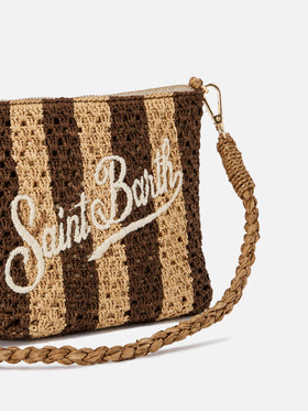 Striped raffia pouch with embroidered logo