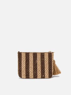 Striped raffia pouch with embroidered logo