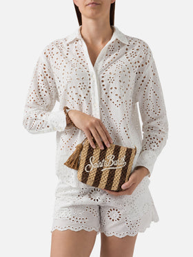 Striped raffia pouch with embroidered logo