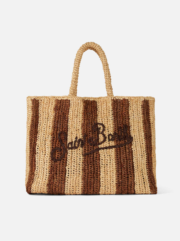 Braun gestreifte Raffia-Strandtasche mit Baumwollbeutel