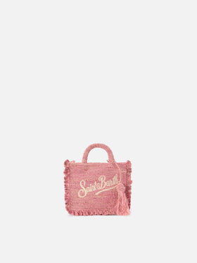 Pink Volant Mini raffia bag with embroidered logo
