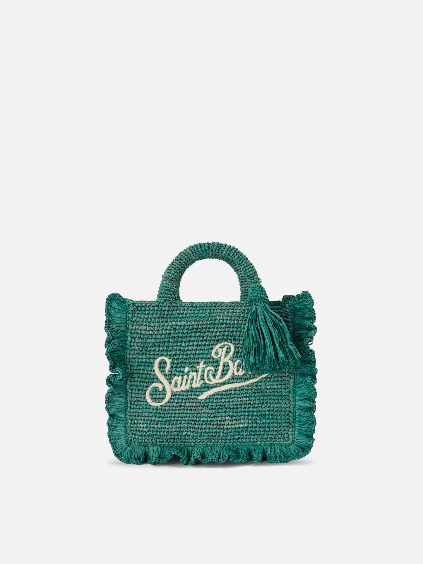 Borsa Volant Mini in raffia azzurra con logo ricamato