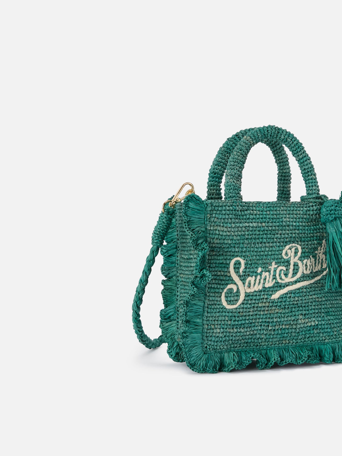 Borsa Volant Mini in raffia azzurra con logo ricamato
