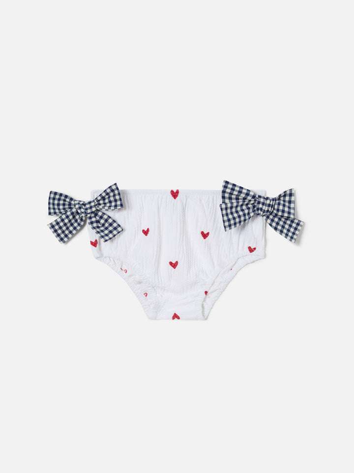 Rainbow swim bloomer in seersucker with hearts and vichy bows