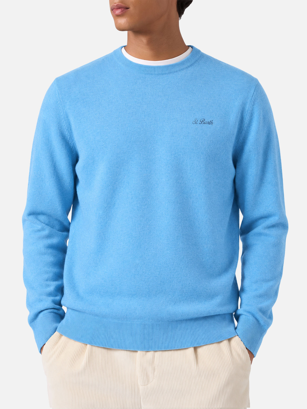 Dusty pink Regent crewneck sweater with tartan trim