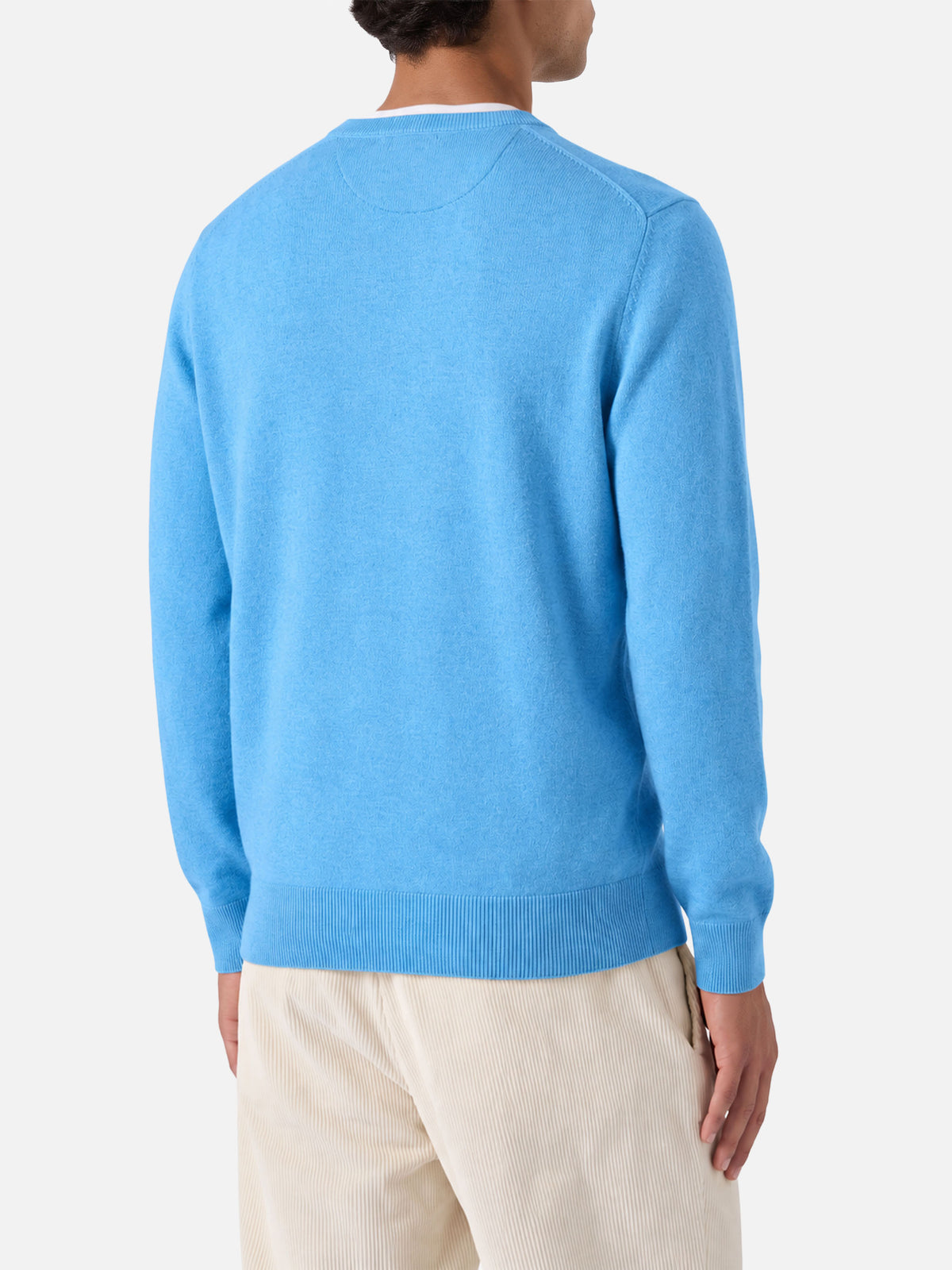 Dusty pink Regent crewneck sweater with tartan trim