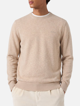 Beige Regent crewneck sweater with tartan trim