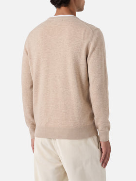 Beige Regent crewneck sweater with tartan trim