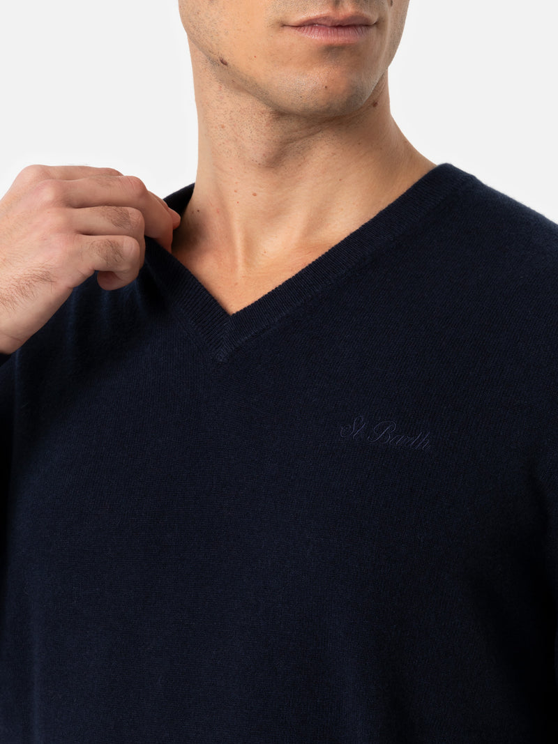 Man navy blue V neck cashmere blend sweater Regent