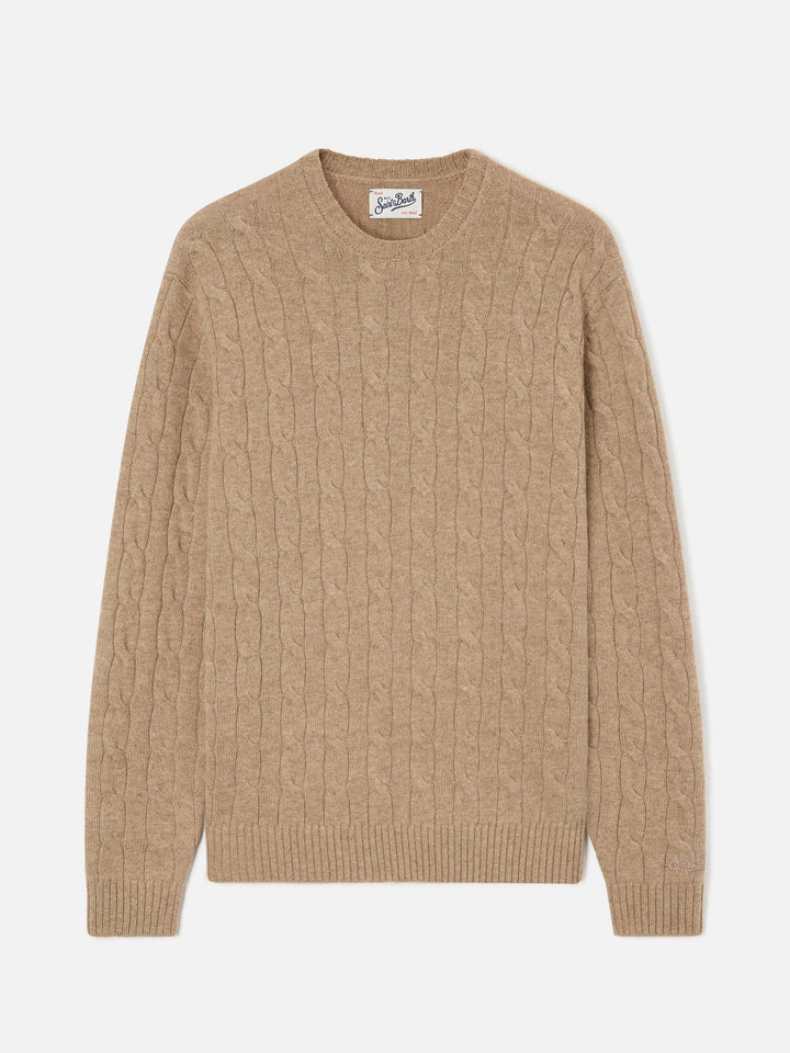 Khaki Regent Wollpullover mit Rundhalsausschnitt und Zopfmuster 