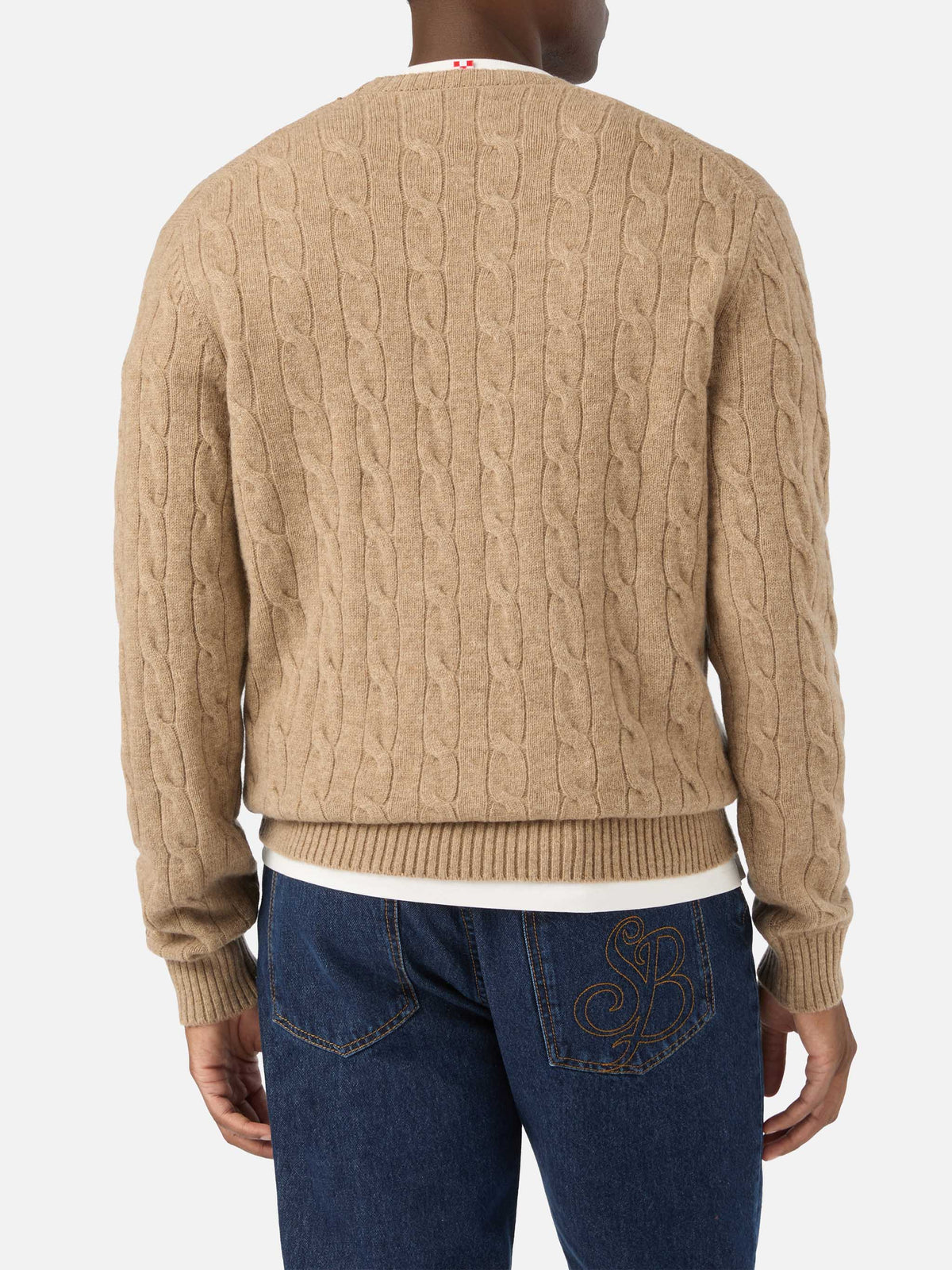 Khaki Regent Wollpullover mit Rundhalsausschnitt und Zopfmuster 