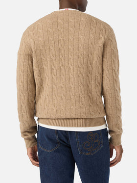 Khaki Regent Wollpullover mit Rundhalsausschnitt und Zopfmuster 