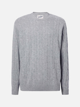 Regent pure-wool cable-knit sweater in grey melange