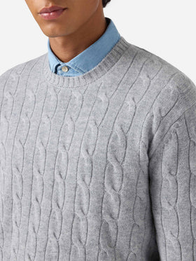 Maglione Regent a trecce in pura lana grigio melange