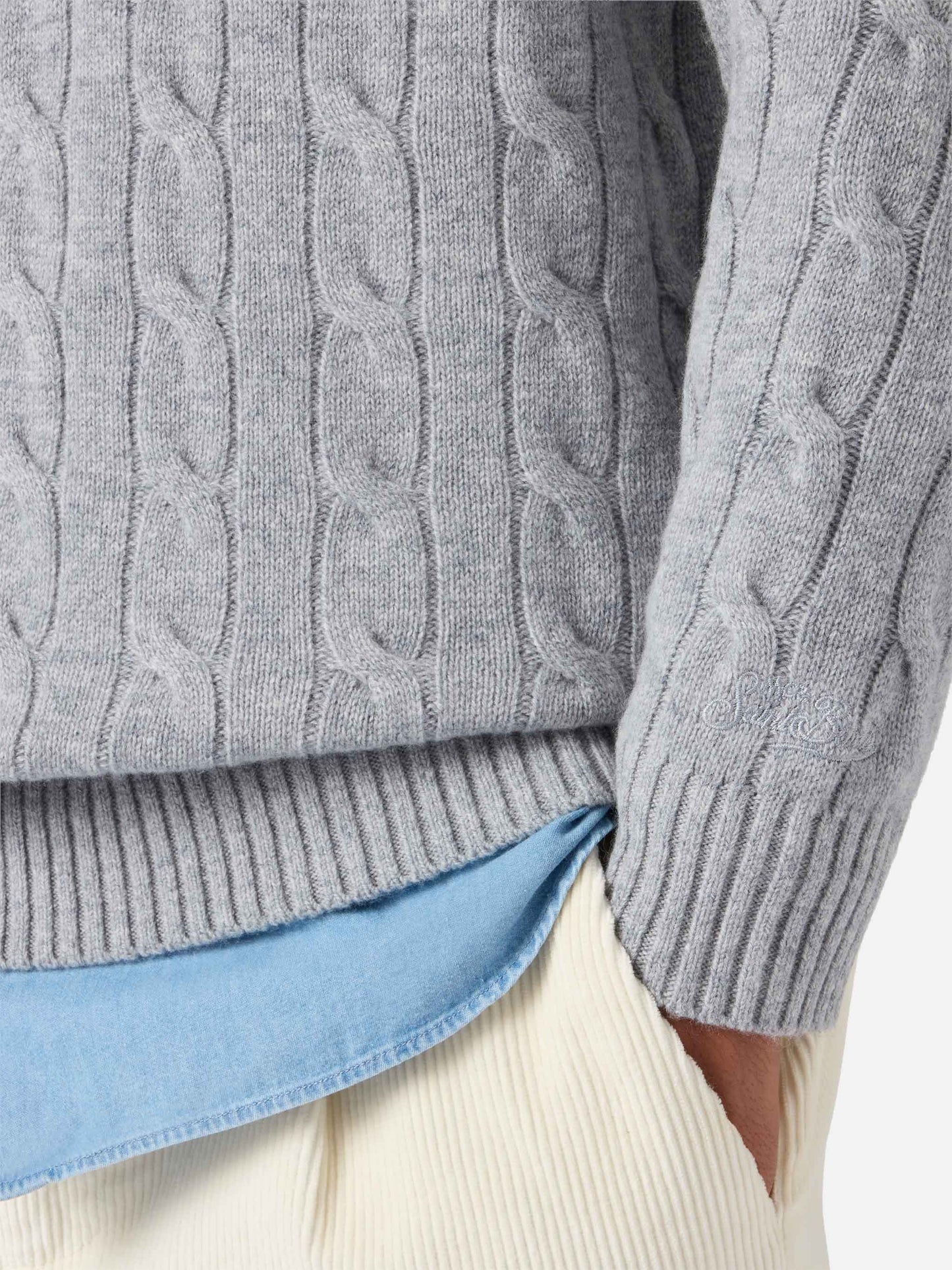 Maglione Regent a trecce in pura lana grigio melange