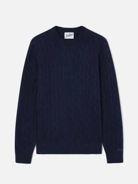 Navy blue Regent wool crewneck with cable knit