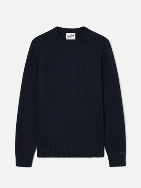 Maglia girocollo Regent blu navy in lana con lavorazione a trecce