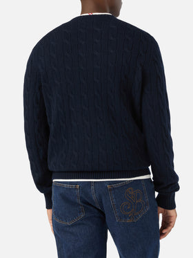 Maglia girocollo Regent blu navy in lana con lavorazione a trecce