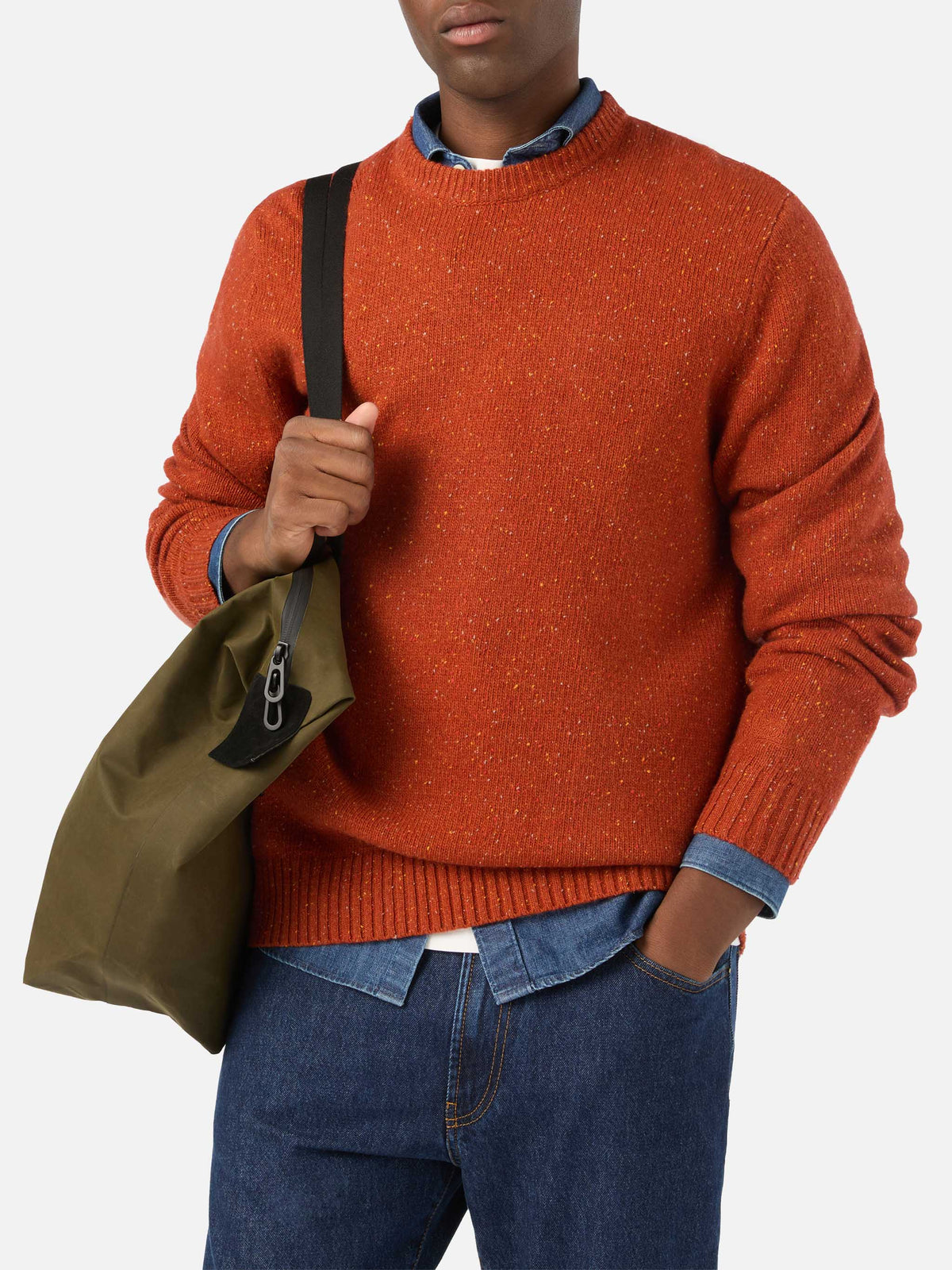 Pull col rond en maille Donegal mélangée laine Orange Regent 
