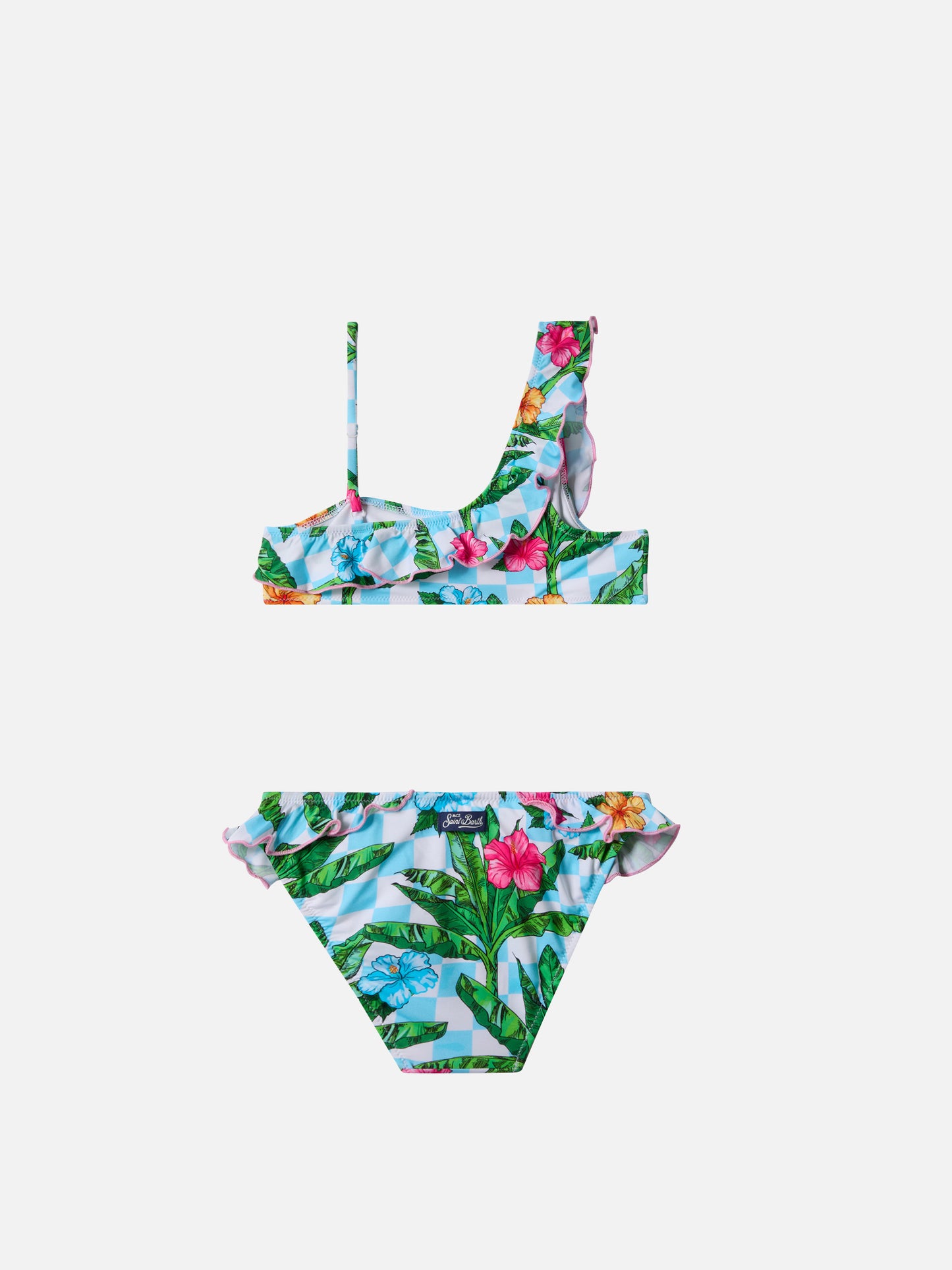 Rey one shoulder ruffled bikini with palm print