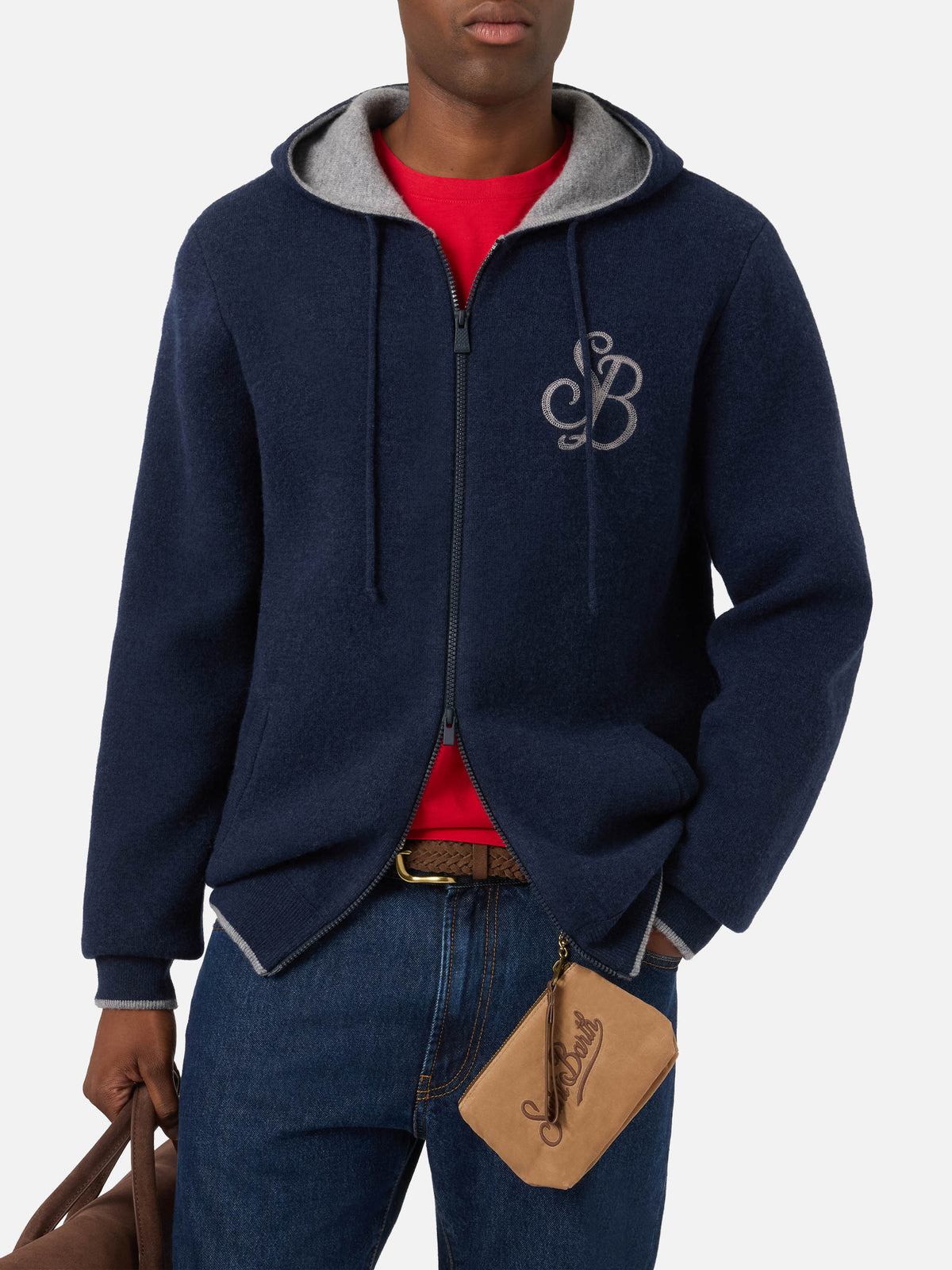 Maglia Ridge blu notte in lana con cappuccio e monogramma SB Legacy