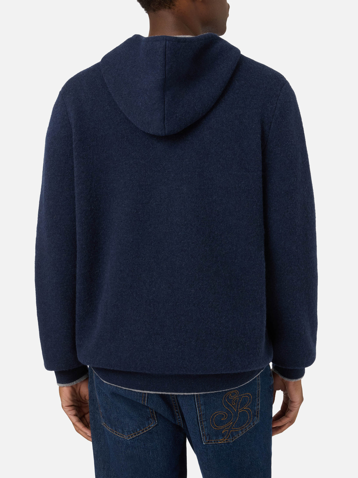 Maglia Ridge blu notte in lana con cappuccio e monogramma SB Legacy