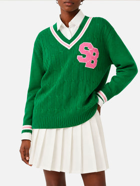 Maglione Roger con scollo a V intrecciato verde tinta unita