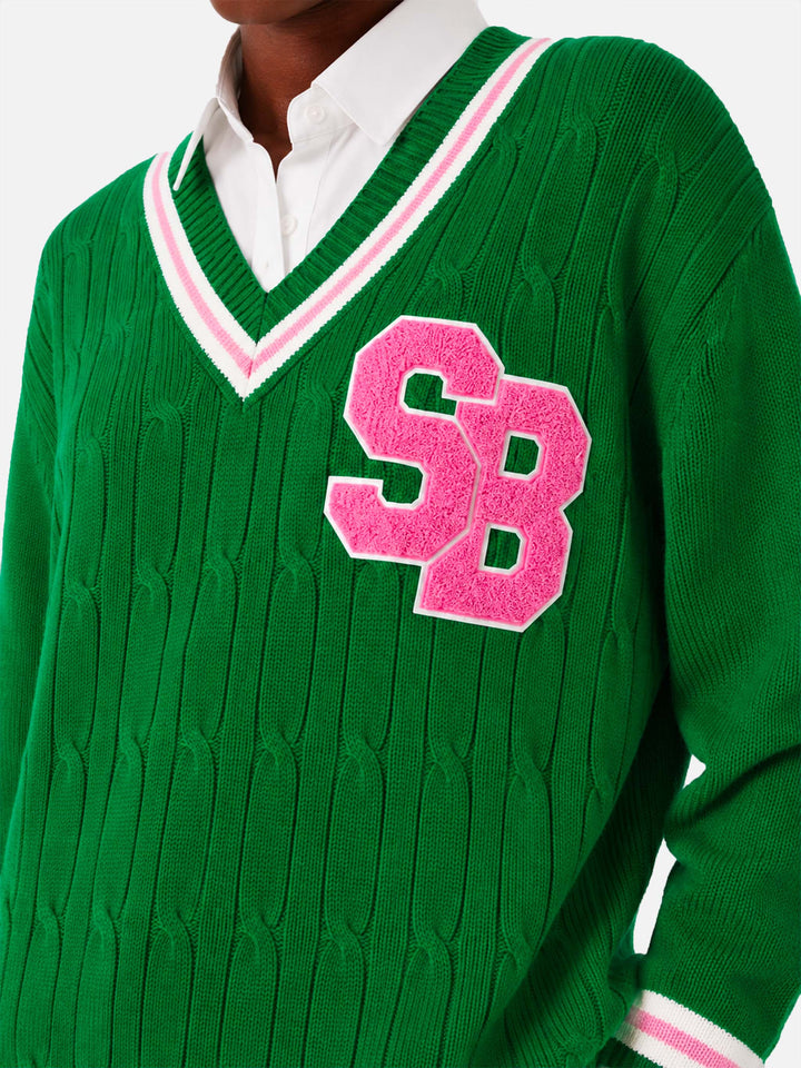 Pull Roger vert tressé à col en V 