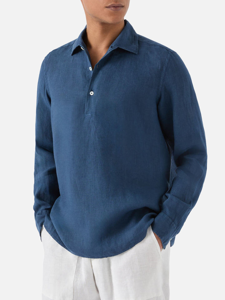 Long-sleeve Raphael linen polo navy blue