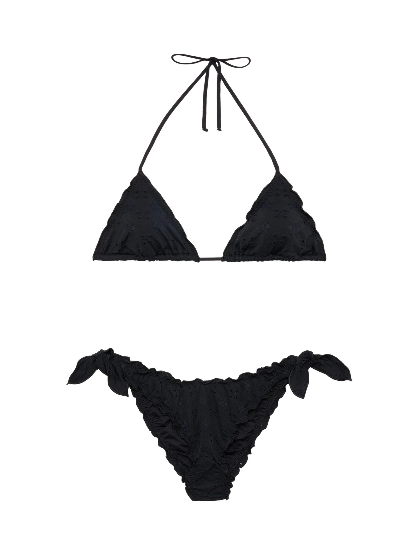 Klassische Badehose aus schwarzer Sangallo-Spitze „Moon“ – Klassisches Triangel-Top aus schwarzer Sangallo-Spitze „Sagittarius“