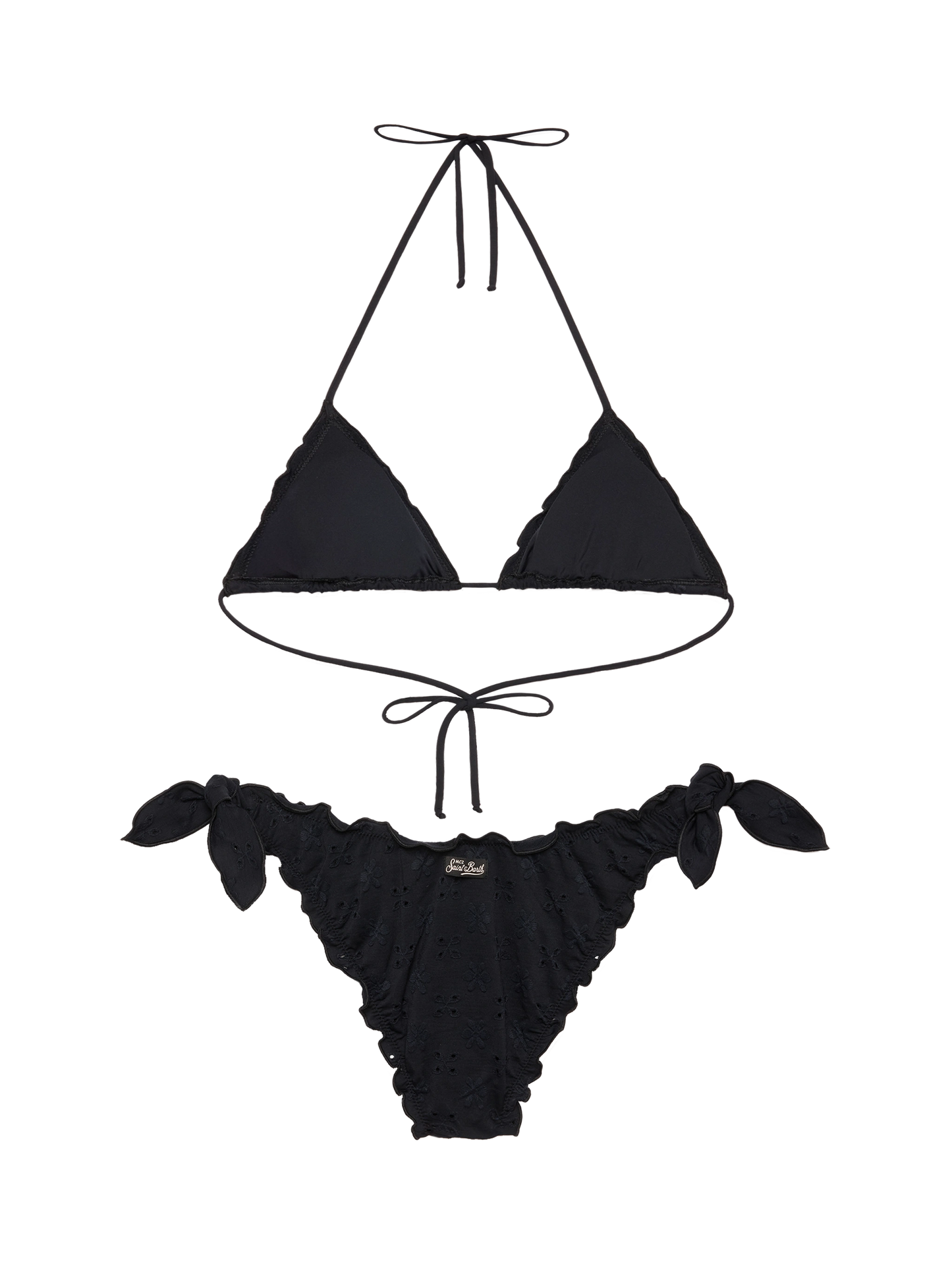 Klassische Badehose aus schwarzer Sangallo-Spitze „Moon“ – Klassisches Triangel-Top aus schwarzer Sangallo-Spitze „Sagittarius“