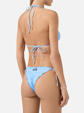 Bikini Sagitami triangolo azzurro con micro stampa tropicale all-over