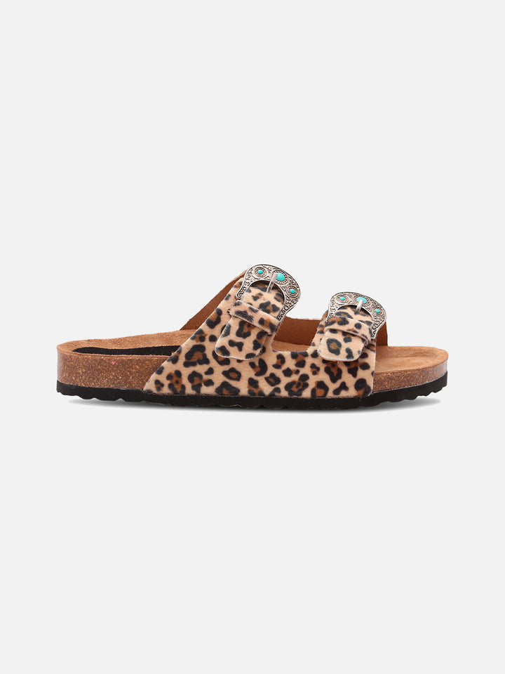 Buckle sandal in leopard-print pony hair | TAJI SPECIAL EDITION