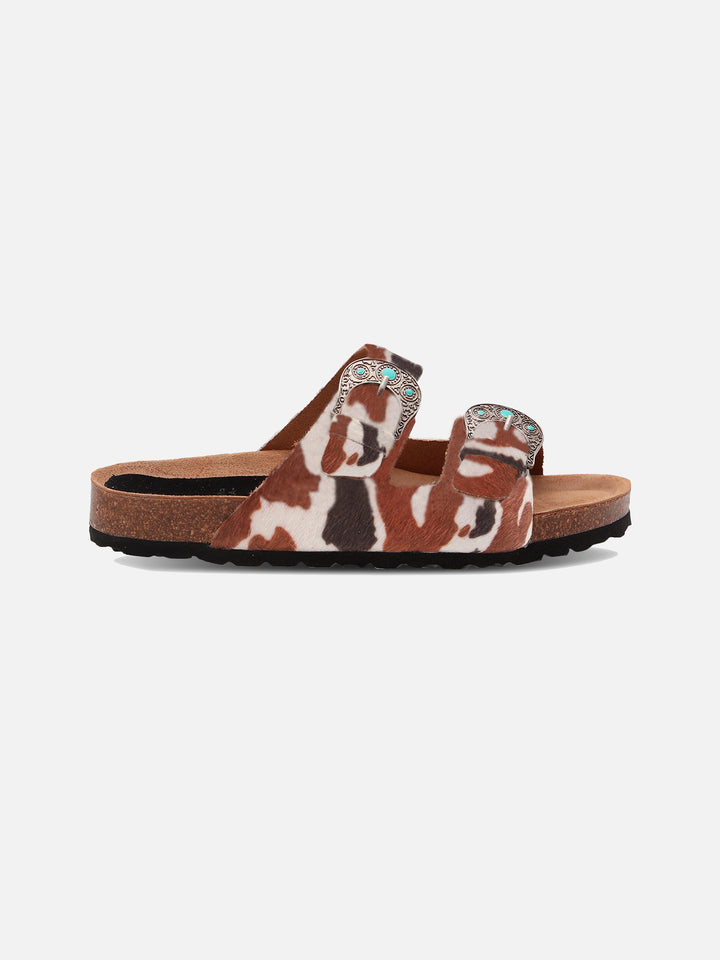 Buckle sandals in cow-print pony hair | TAJI SPECIAL EDITION
