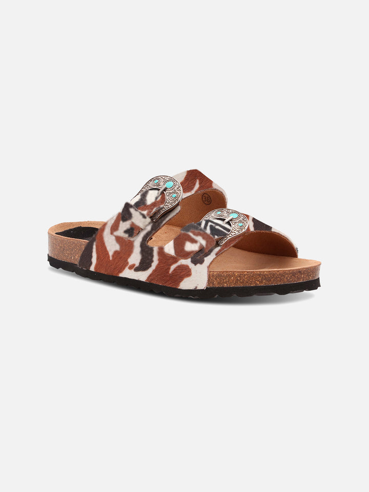 Buckle sandals in cow-print pony hair | TAJI SPECIAL EDITION