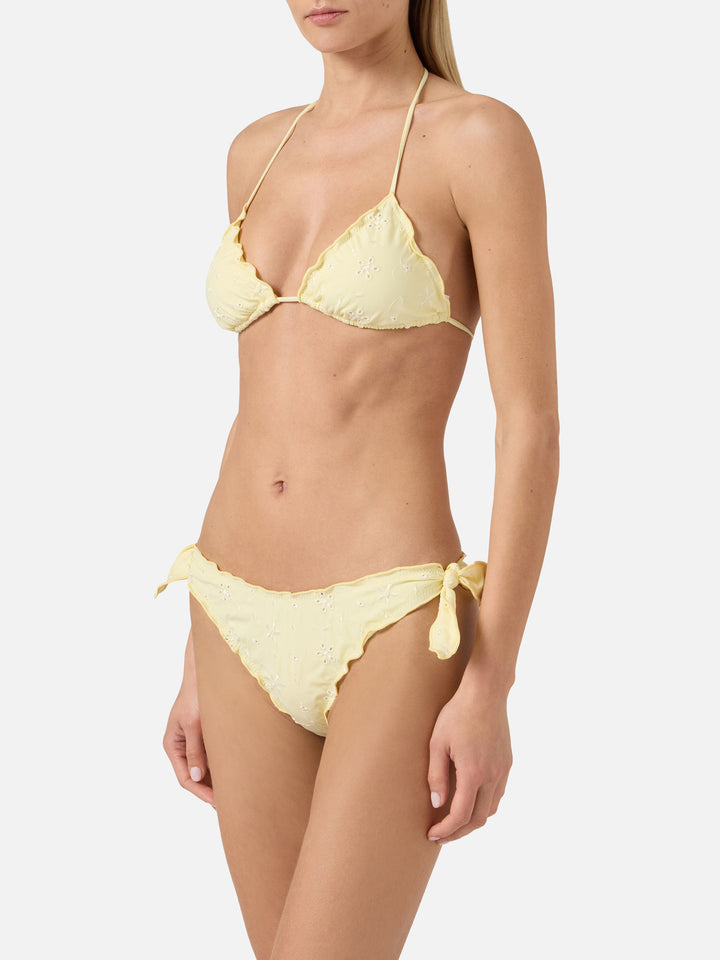 Bikini Sarius a triangolo in tessuto sangallo giallo