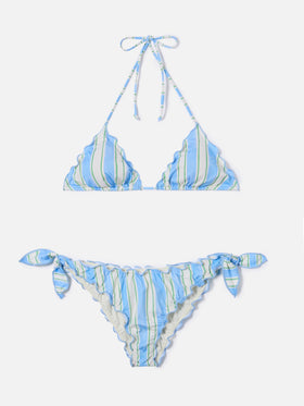 Bikini Sarius triangle with vertical white and light blue stripes