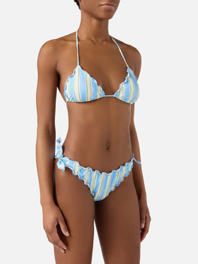 Bikini Sarius triangle with vertical white and light blue stripes