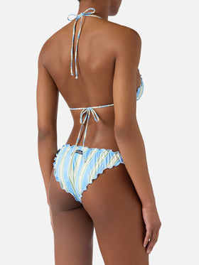 Bikini Sarius triangle with vertical white and light blue stripes