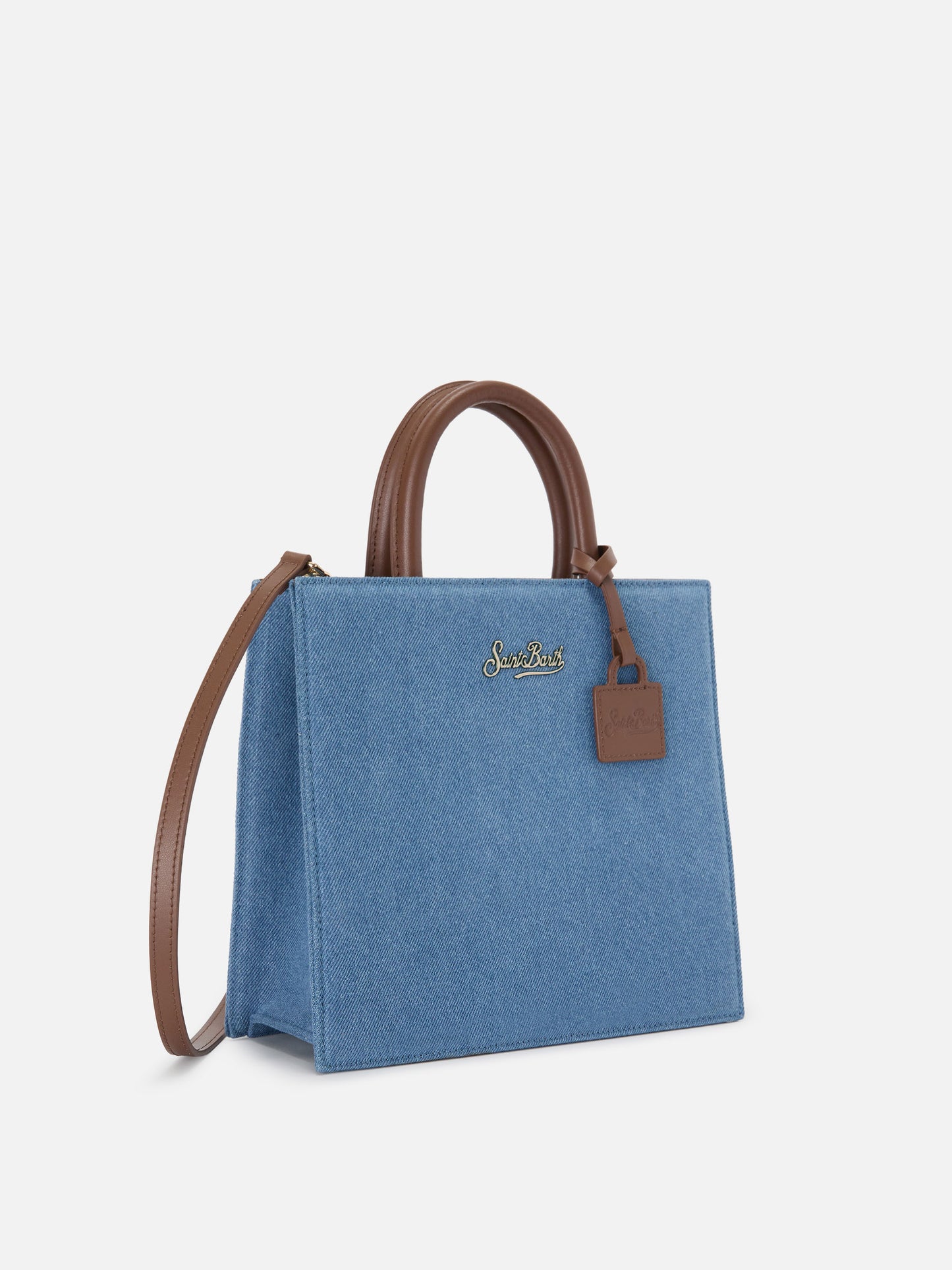 Strukturierte Shop Midi-Tasche aus Denim mit Lederdetails 